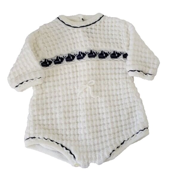 Vintage Baby Knit Romper White with Sailboats 3-6 months - Picture 1 of 6
